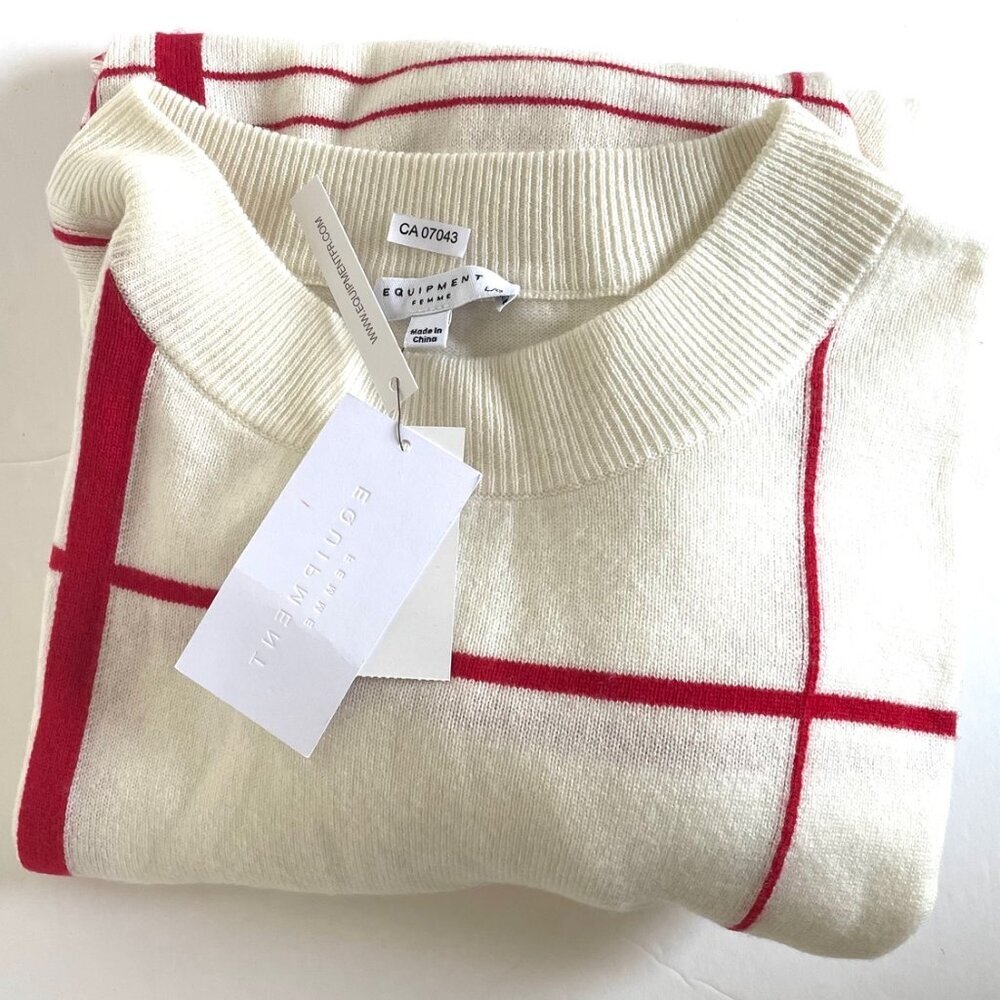Equipment Wool Cashmere Sweater Womens Large White Oversized Crew Neck Red Cozy - Picture 7 of 11